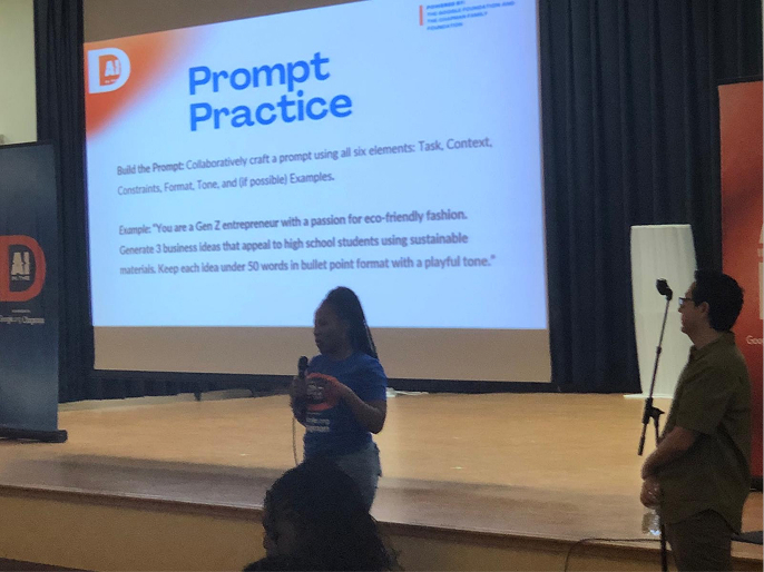 A student presenting the Prompt Practice exercise on stage